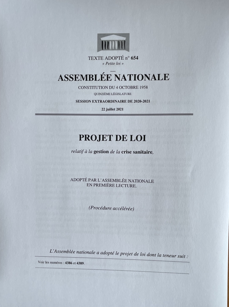 Projet de loi relatif à la gestion de la crise sanitaire adopté le 22 juillet 2021 par l'Assemblée nationale