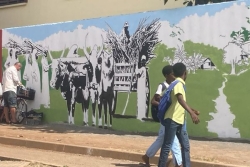Le street-artiste "Nessé" réalise une fresque murale sur le passé sucrier de Kawéni