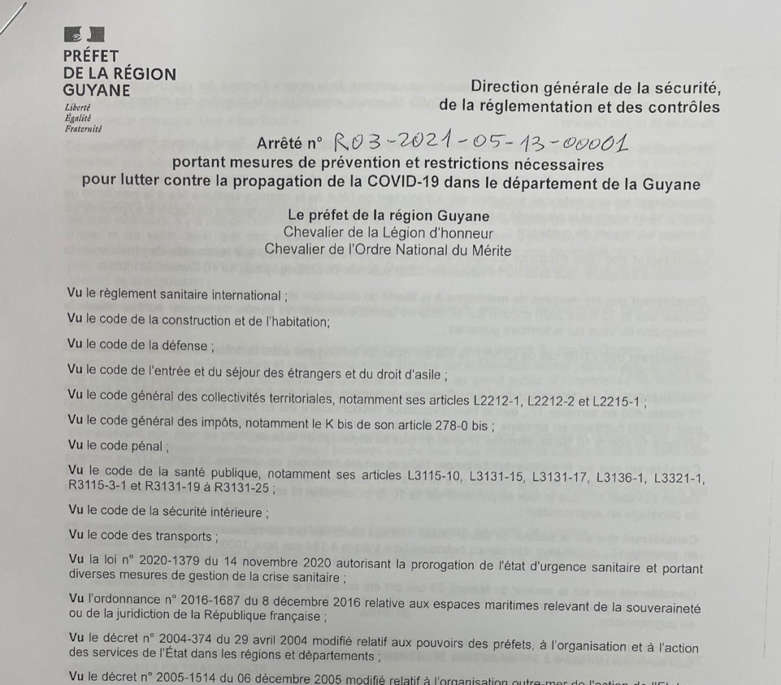 Arrêté du préfet de la Guyane du 13 mai 2021 portant mesures de prévention et restrictions Covid 19 