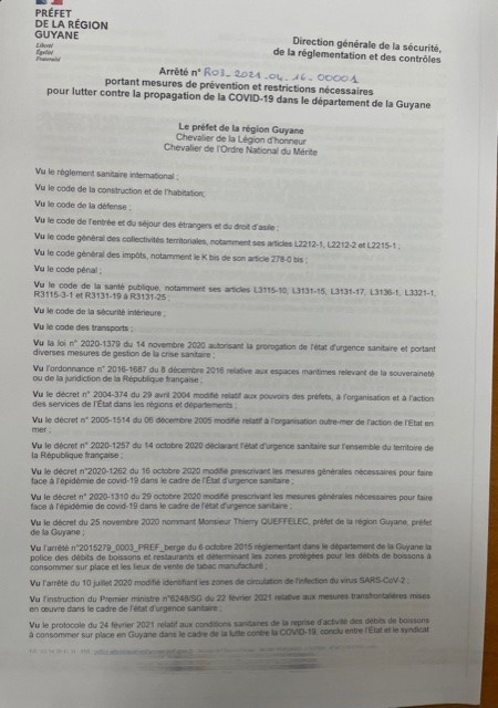 Arrêté du préfet de la région Guyane du 16 avril 2021 portant mesures de prévention et restrictions Covid 19