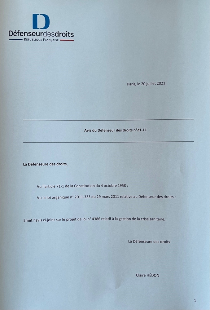 Avis de la Défenseure des droits du 20 juillet 2021 sur le projet de loi relatif à la gestion de la crise sanitaire