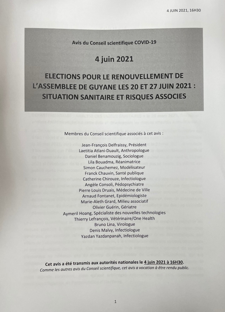   Avis du Conseil scientifique COVID-19 du 4 juin 2021 - Elections territoriales de l'assemblée de Guyane
