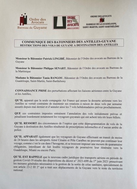 Communiqué des bâtonniers des Antilles et de la Guyane du samedi 26 juin 2021 Défense des libertés fondamentales