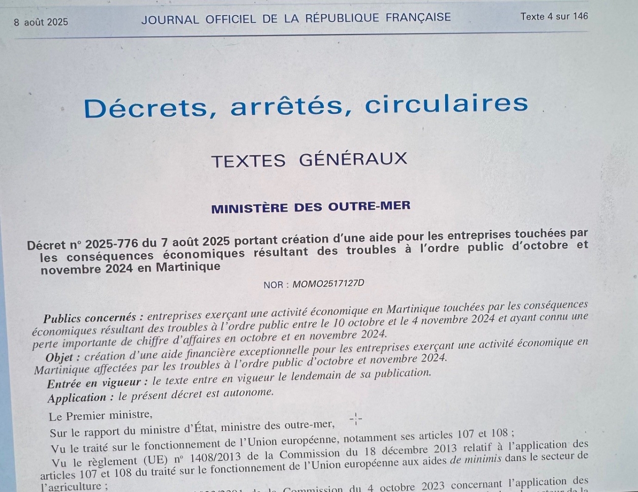Création d’une aide financière pour les entreprises martiniquaises touchées par les émeutes d’octobre et novembre 2024