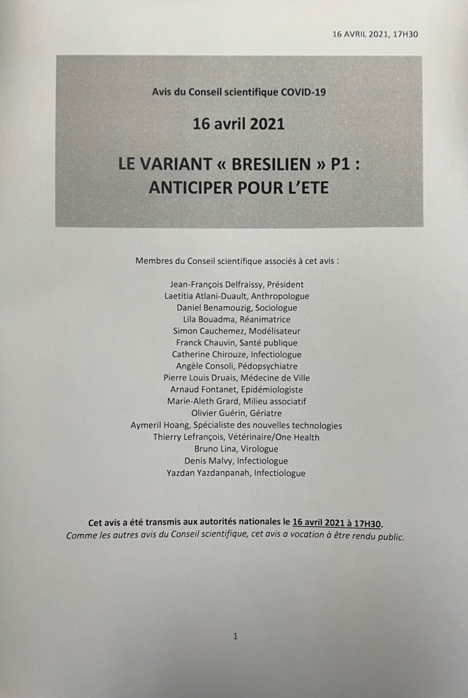 Le Variant « Brésilien » P1 : Anticiper pour l'été Avis du Conseil scientifique du 16 avril 2021