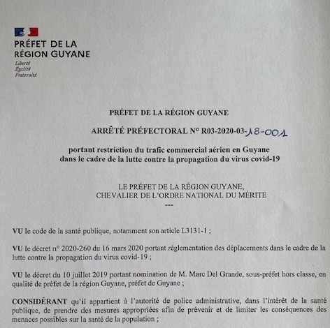Arrêté préfectoral du 18 mars 2020 portant restriction du trafic commercial aérien en Guyane - virus covid-19