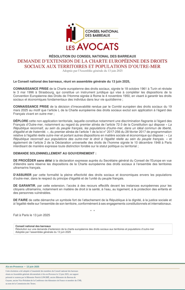 DROITS SOCIAUX EN OUTRE-MER : LE CNB ADOPTE UNE RÉSOLUTION SOLENNELLE